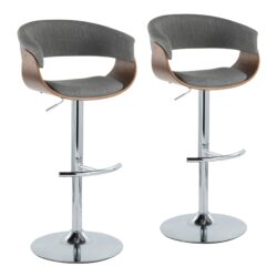 Vintage Mod - Mid-Century Modern Adjustable Height Barstool With Swivel With Rounded T Footrest (Set of 2) - Chrome / Walnut / Light Gray