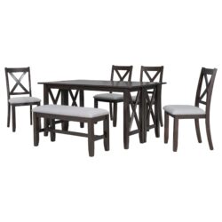 6 Piece Family Dining Room Set With Solid Wood Space Saving Foldable Table And 4 Chairs With Bench - Espresso
