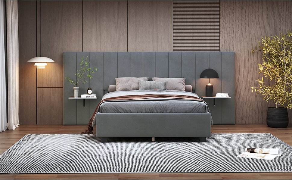 Full Size Upholstered Platform Bed With Big Headboard - Gray - Image 13