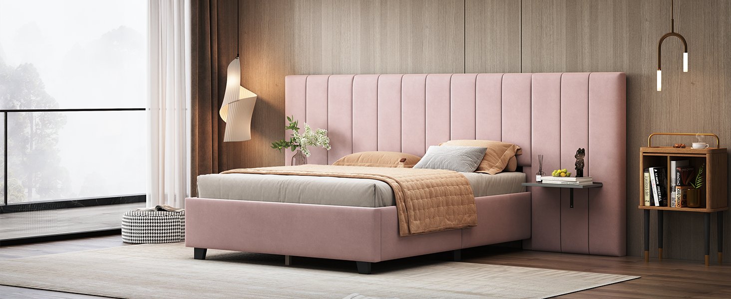 Full Size Upholstered Platform Bed With Big Headboard - Pink - Image 14