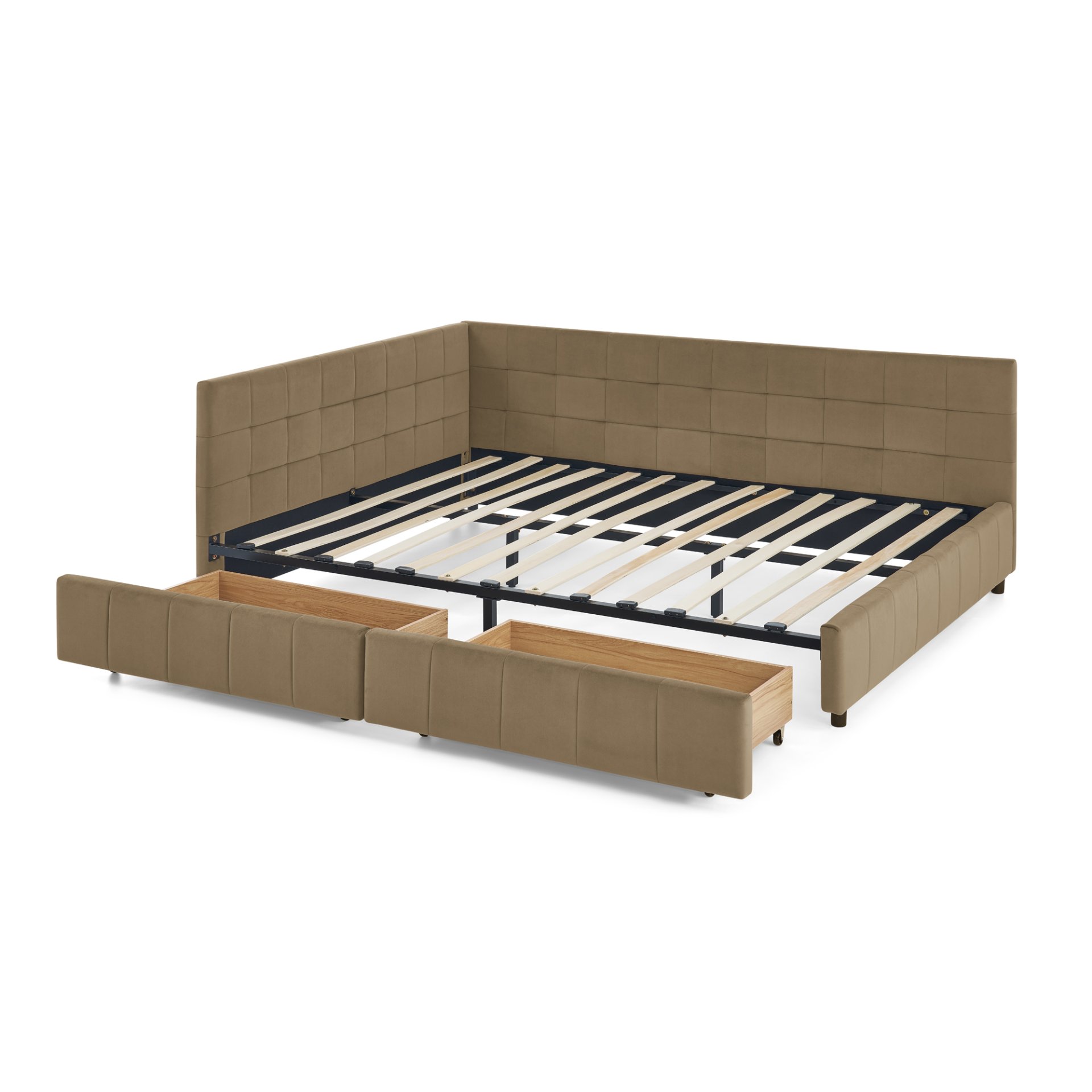 Mid Century Velvet Upholstered Tufted Queen Size Storage Bed Frame With Backrest And Armrests - Brown - Image 9