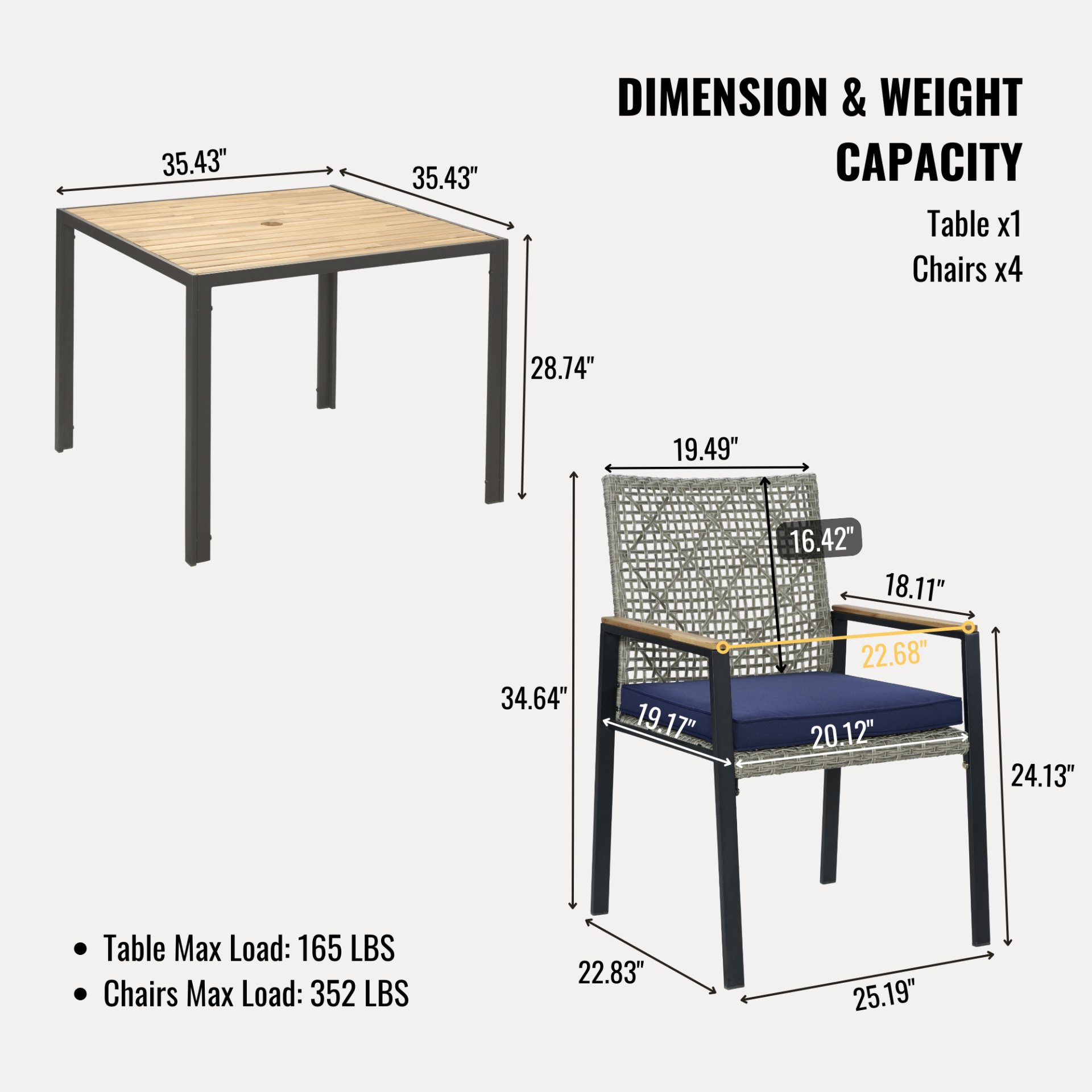 All Weather 5 Piece Patio Dining Table Sets With Acacia Wood Top And Umbrella Hole, Rattan Outdoor - Light Gray - Image 3