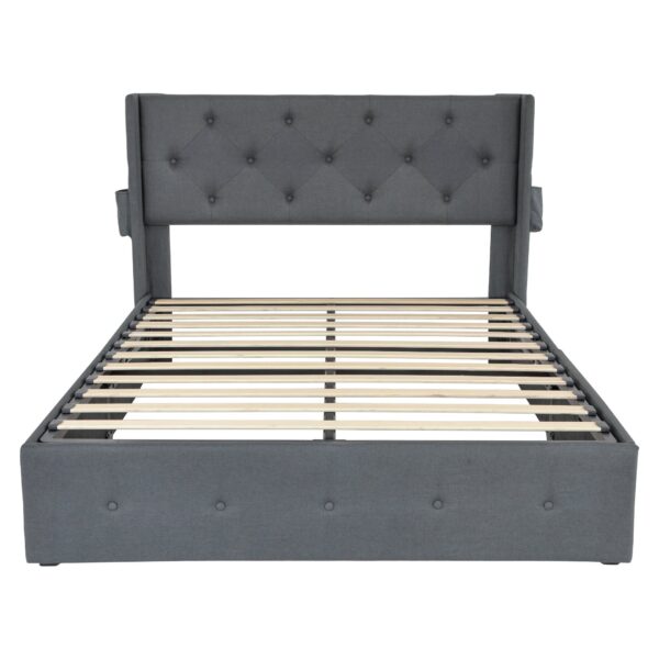 Full Size Bed Frame With Gas Lift Storage, USB Ports - Dark Gray