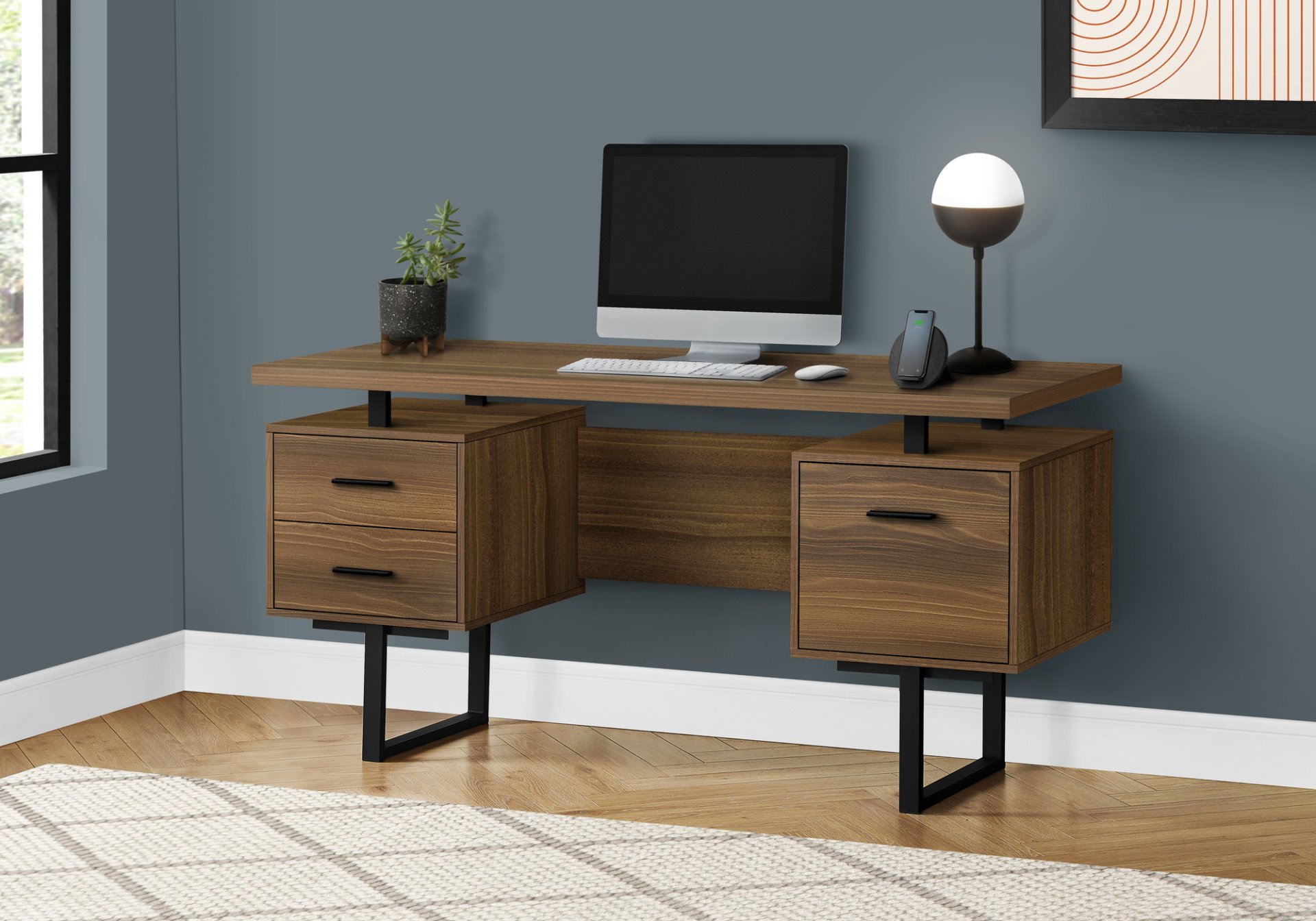 Computer Desk For Home Office, Laptop, Left, Right Set - Up, Storage Drawers, Contemporary & Modern - Walnut - Image 4