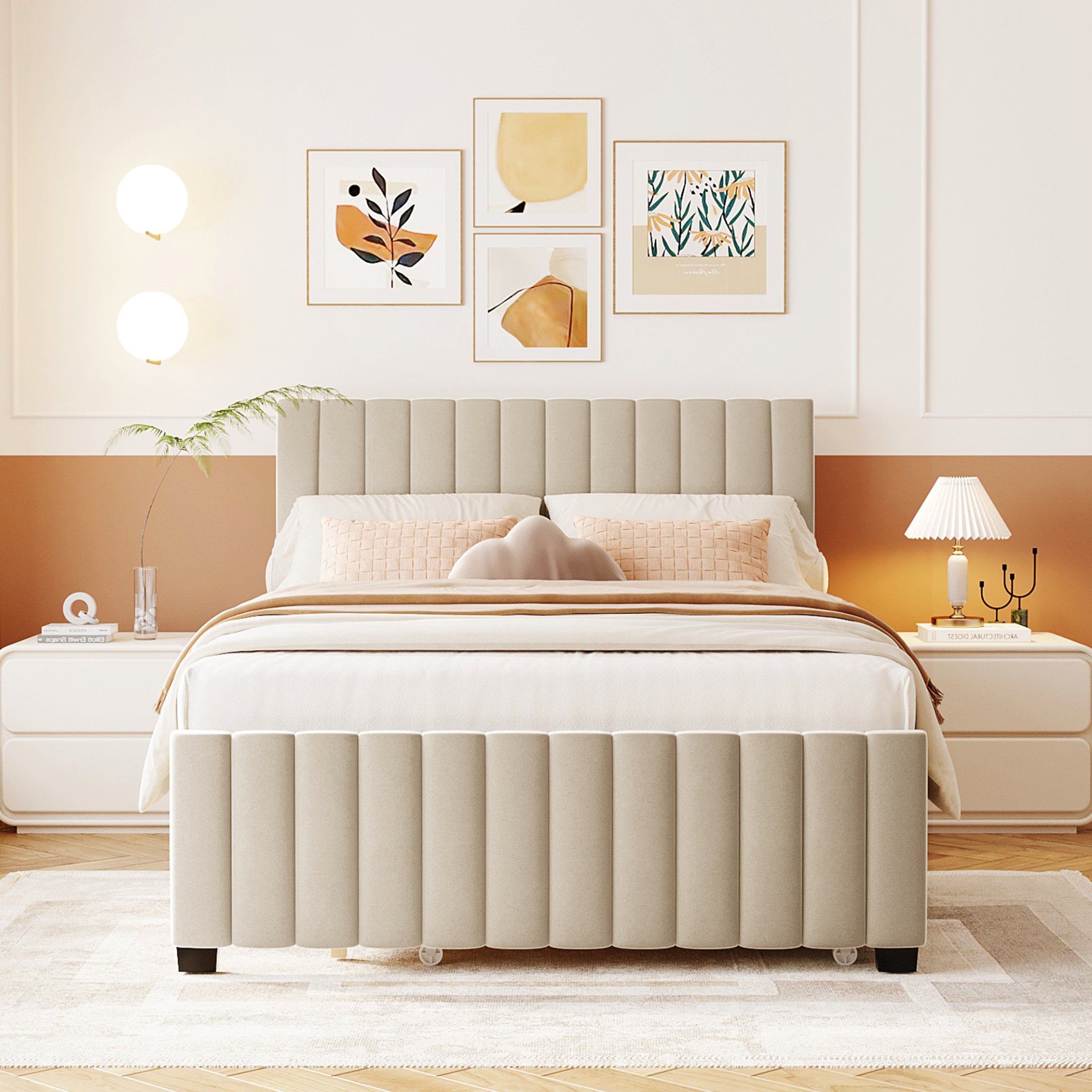 Full Size Elegant Upholstered Platform Bed With Twin Size Trundle - Beige - Image 4