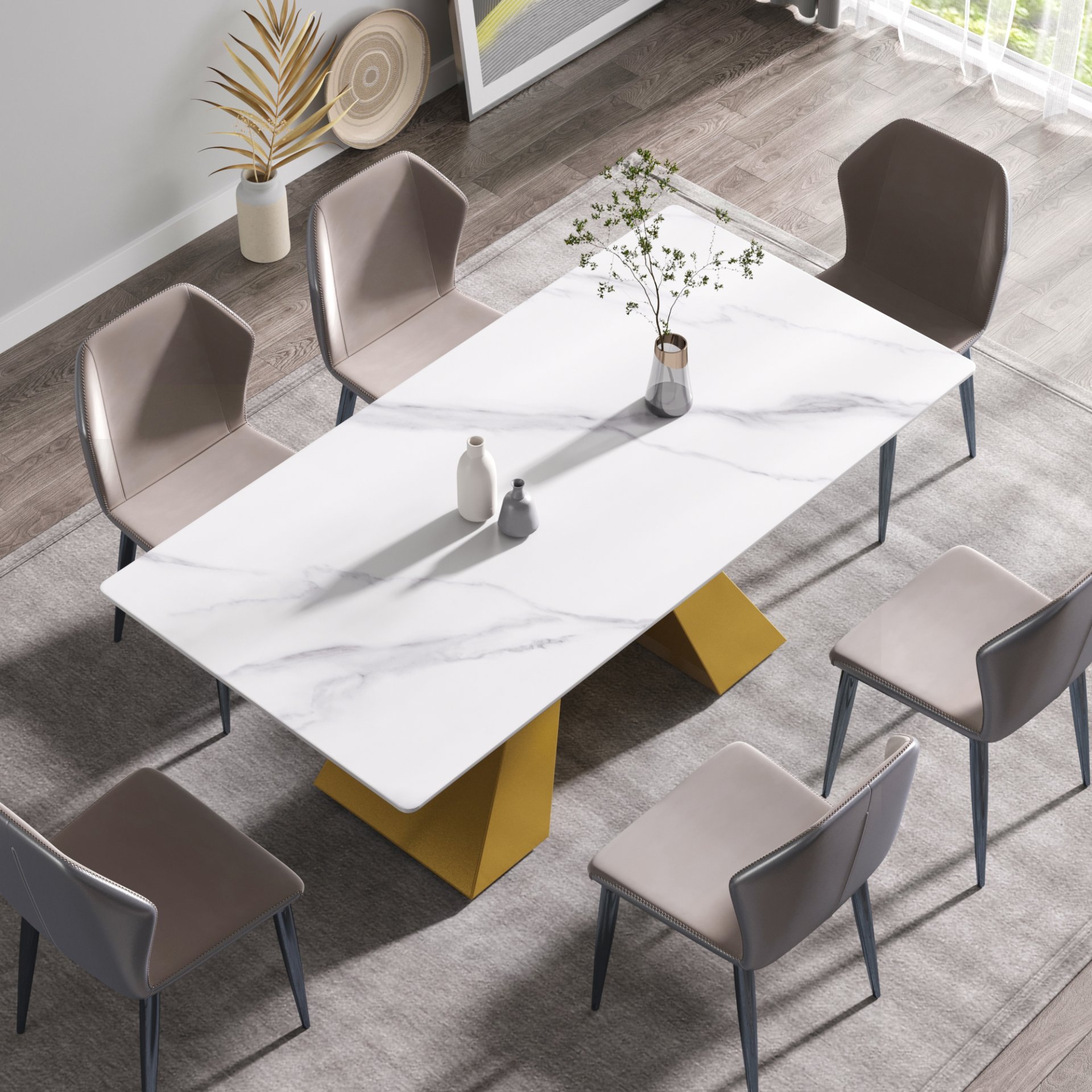 70.87" Modern Artificial Stone White Straight Edge Metal Leg Dining Table - White / Gold - Image 4