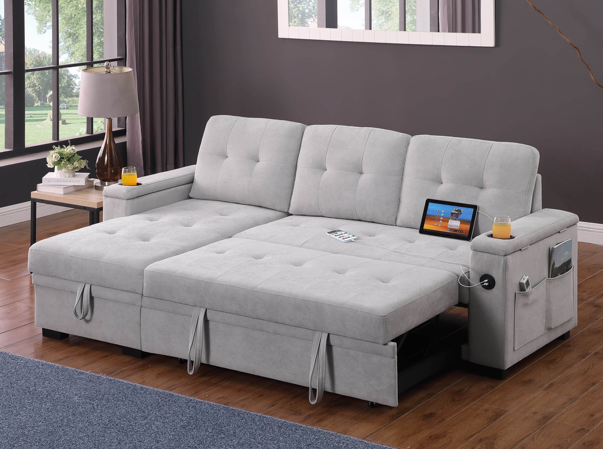 Ashlyn II - Woven Fabric Reversible Sleeper Sectional Sofa With Storage Chaise, Storage Arm, Cup Holder, Charging Ports, Side Pockets, and Pocket Coil Seating - Gray - Image 8