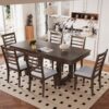 7 Piece Farmhouse Extendable Dining Table Set, Rustic Wood Table With Removable Leaf And 6 Upholstered Chairs For Dining Room - Brown - Image 2