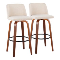 Toriano - Mid-Century Modern Fixed Height Barstool / Swivel And Round Footrest (Set of 2) - Walnut / Cream