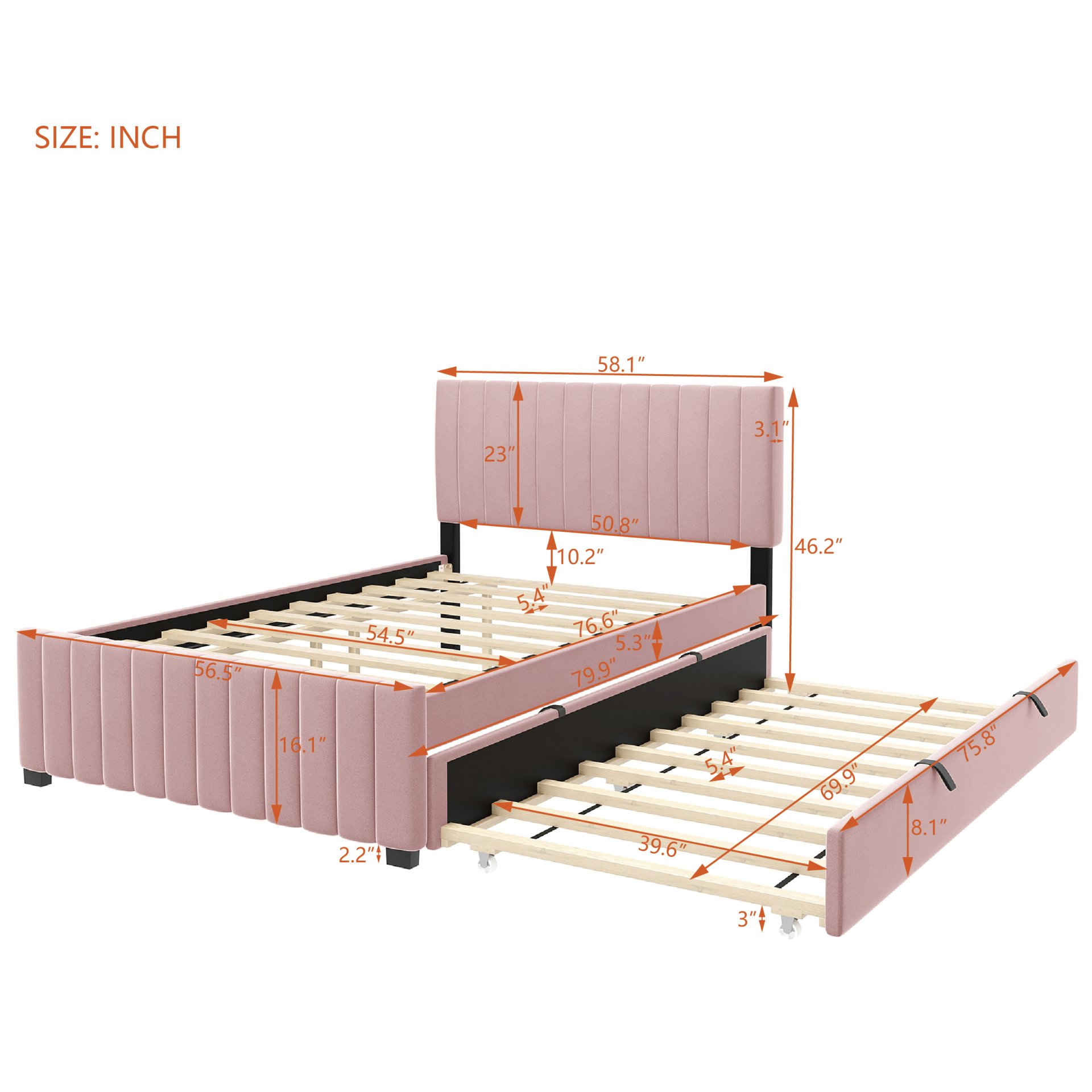 Full Size, Elegant Upholstered Platform Bed With Twin Size Trundle - Pink - Image 3