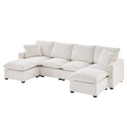Modern U-Shape Modular Sofa, 6 Seat Chenille Sectional Couch Set With 2 Pillows Included, Freely Combinable Indoor Funiture - White