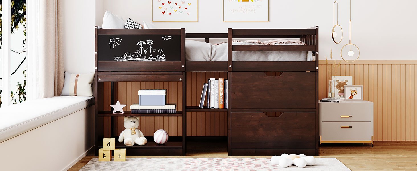Twin Size Low Loft Bed With Rolling Desk, Shelf And Drawers - Espresso - Image 18