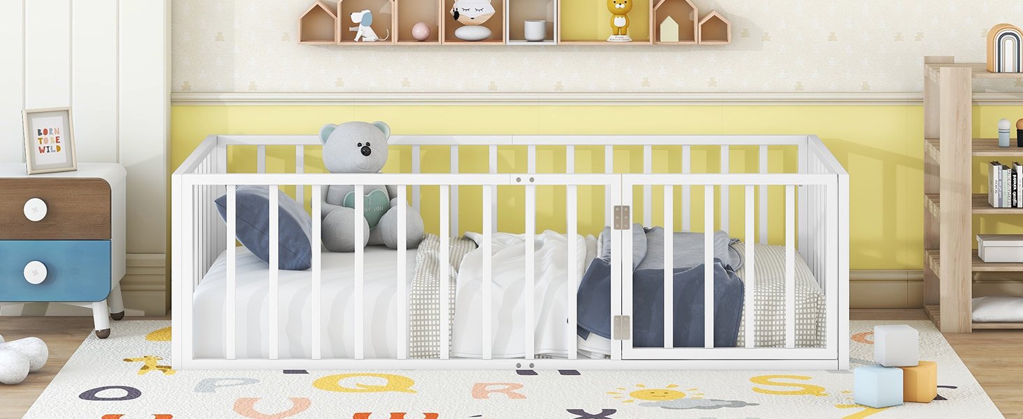 Twin Size Floor Bed Frame With Fence And Door - White - Image 17