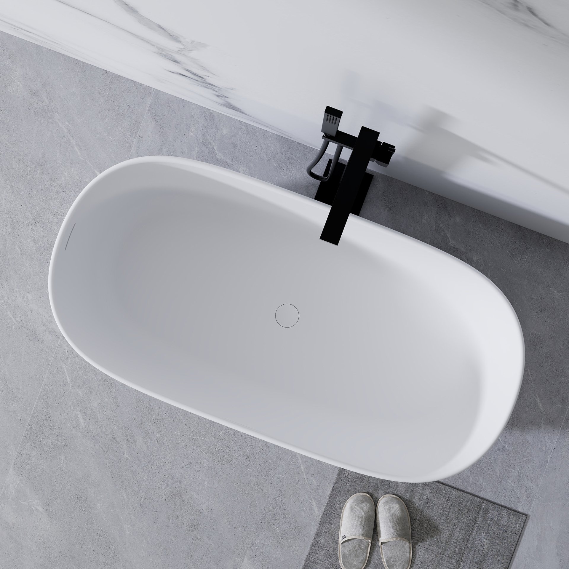 Freestanding Bathtub Resin Stone Soaking Bathtub Solid Surface Modern Tubs With Overflow And Pop-Up Drain - Matte White - Image 3