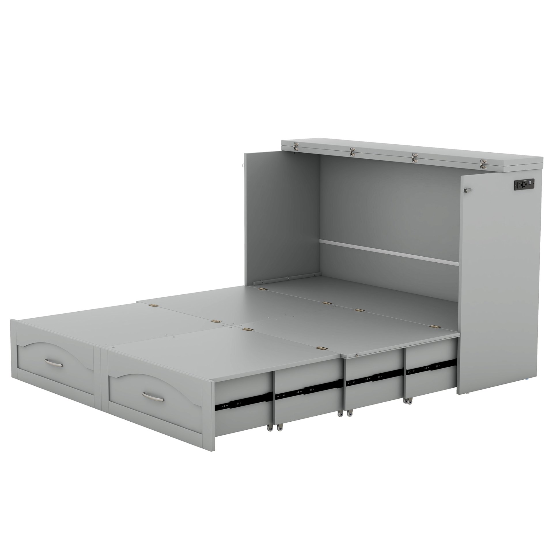 Queen Size Murphy Wall Bed With Drawer And A Set Of Sockets & USB Ports, Pulley Structure Design - Gray - Image 5