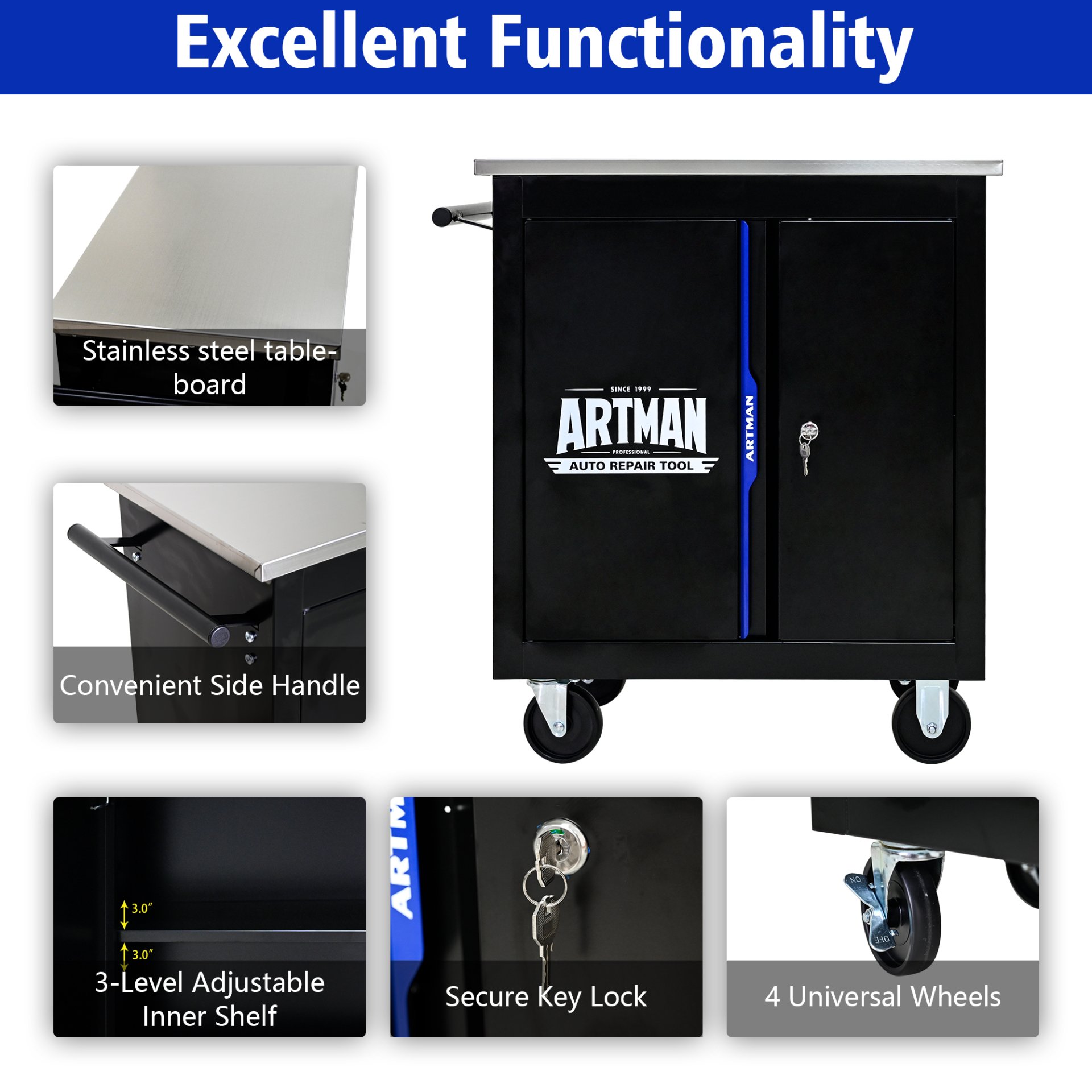 Movable Lockable Double Door Partition With Lock Multi Functional Hardware Storage Tool Car Auto Repair Locker - Black / Blue - Image 5