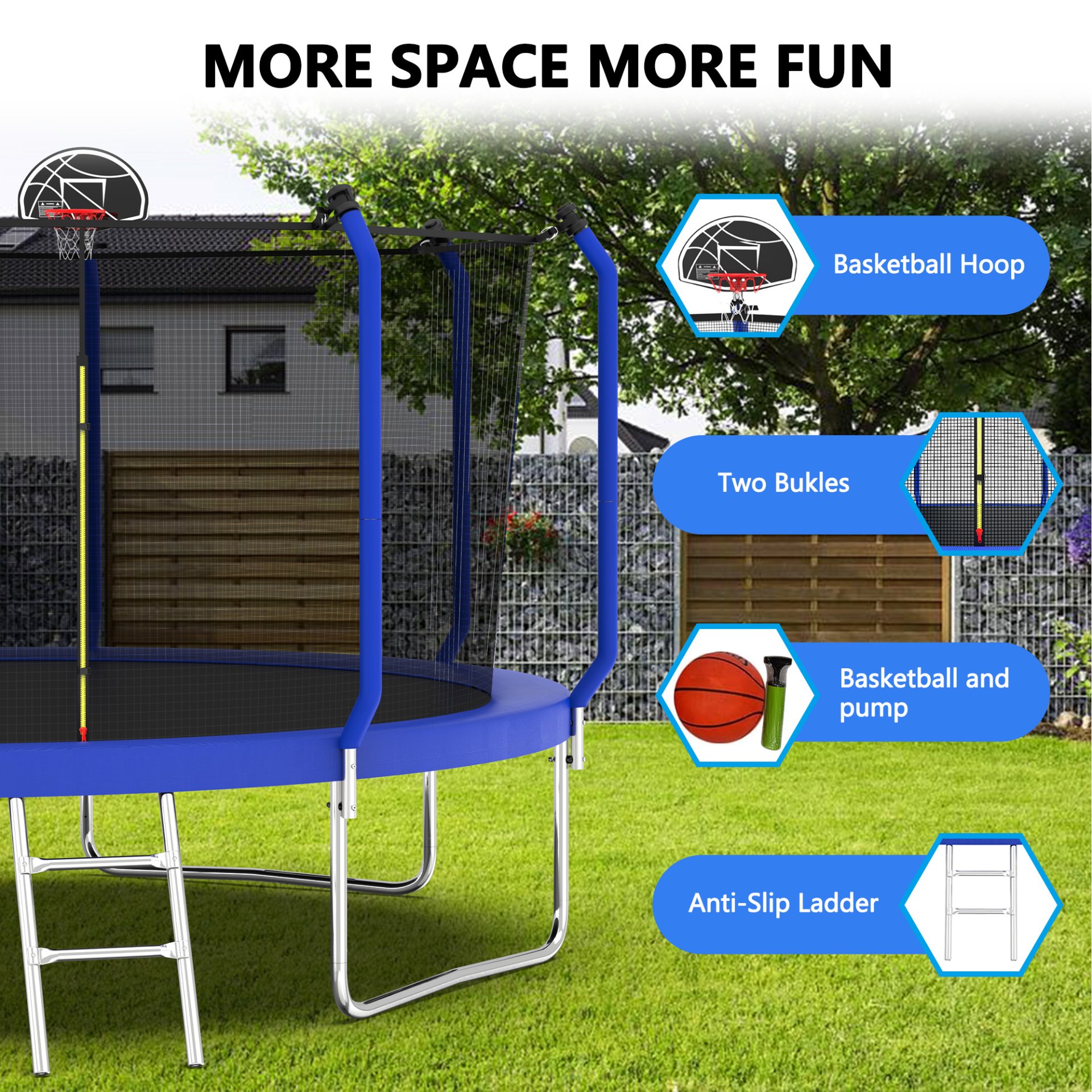 Trampoline With Basketball Hoop, Astm Approved Reinforced Type Outdoor Trampoline With Enclosure Net - Blue - Image 8