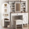 Rustic Farmhouse Makeup Vanity Desk With Sliding Mirror, LED Lights, And Charging Socket - White - Image 4
