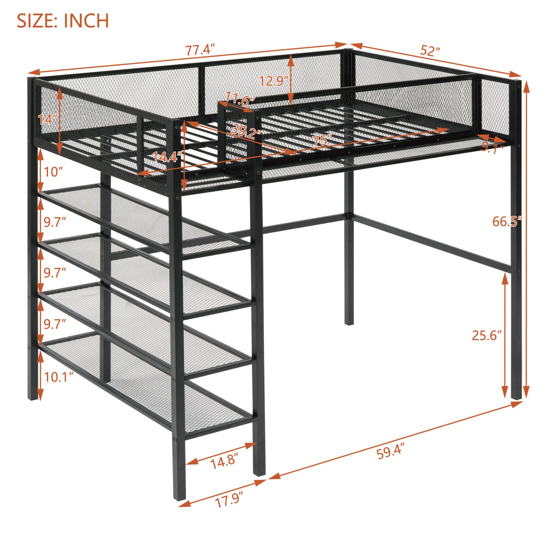 Twin Size Loft Bed With 4 Tier Shelves And Storage - Black - Image 8