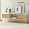 Rattan TV Cabinet With Variable Color Light Strip, Double Sliding Doors For Storage, Adjustable Shelf, Metal Legs, TV Console For Living Room - White - Image 2