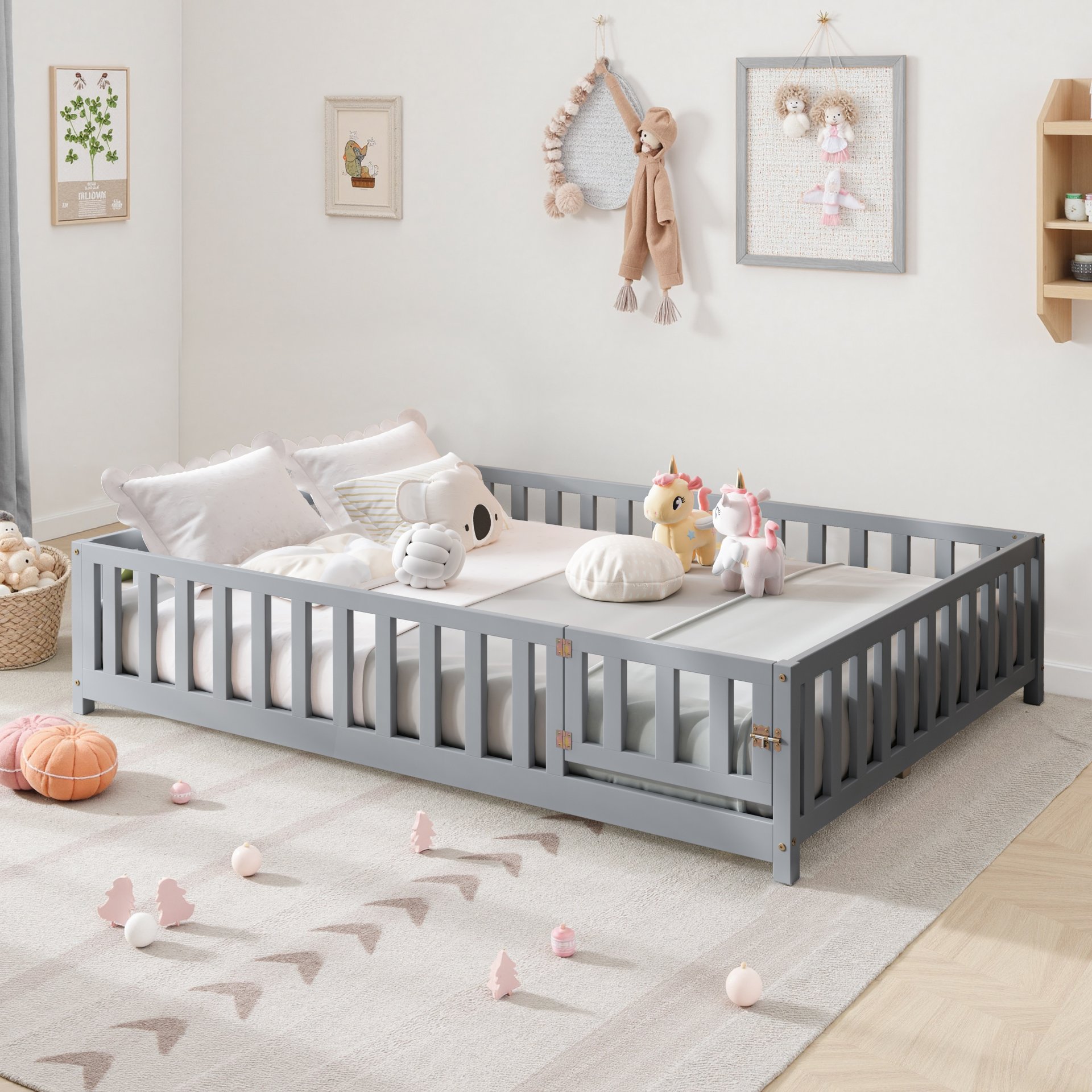 Montessori - Full Size Wooden Floor Platform Bed With Fence And Door, Montessori Floor Bed Frame With Support Slats For Toddlers - Gray - Image 5