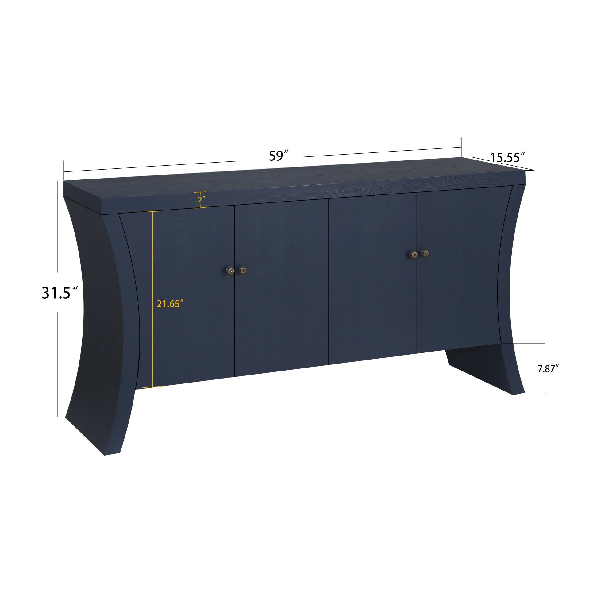 Refined Industrial 4 Door Credenza With Wooden Arc Legs & Bronze Clasps, Advanced Storage Design - Navy Blue - Image 3