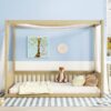 Full Size Canopy Frame Floor Bed With Fence, Guardrails - Natural - Image 9
