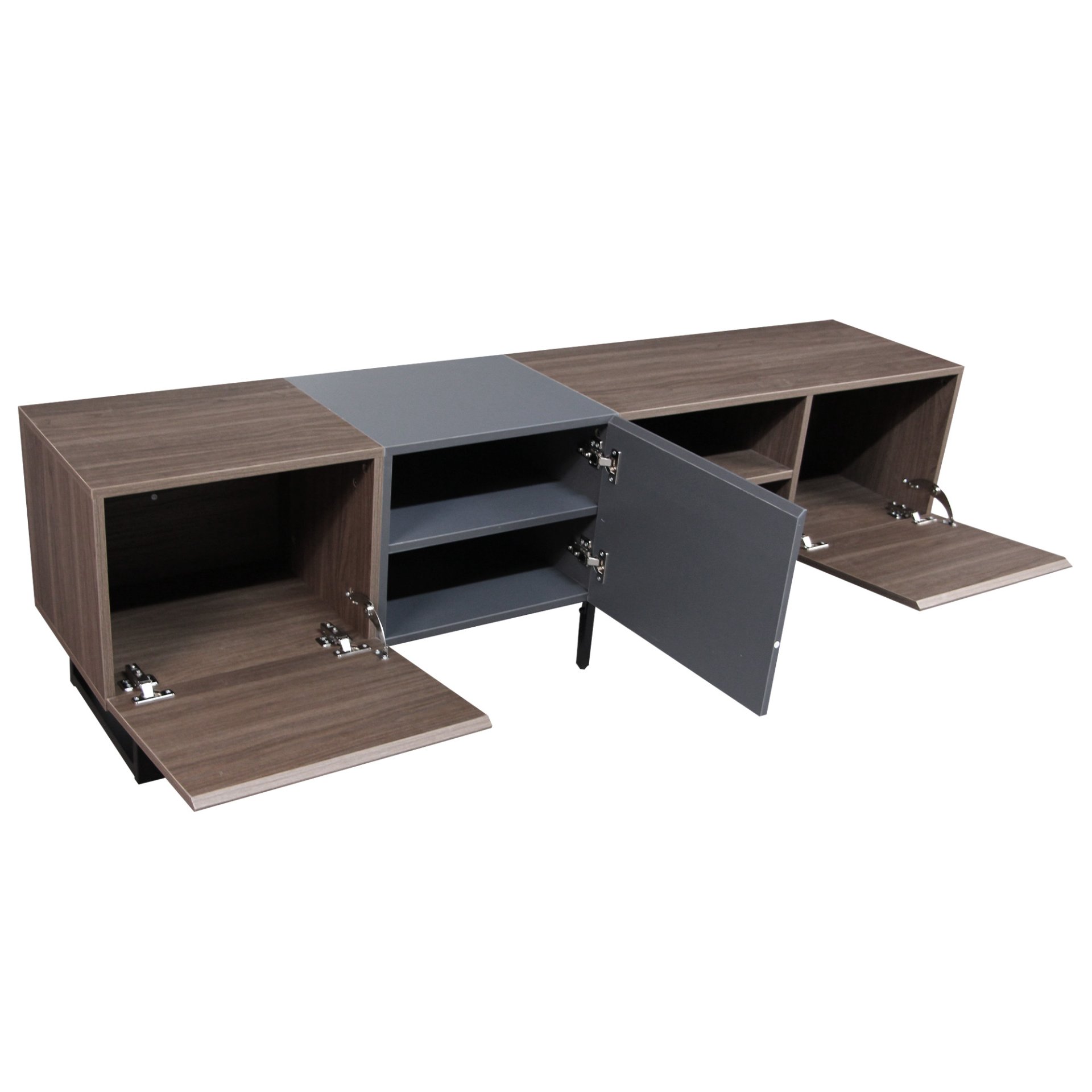 Modern TV With 3 Cabinets & Open Shelves, Color-Matching Media Console Table For Tvs Up To 80'', Entertainment Center With Drop Down Door For Living Room - Dark Brown - Image 15