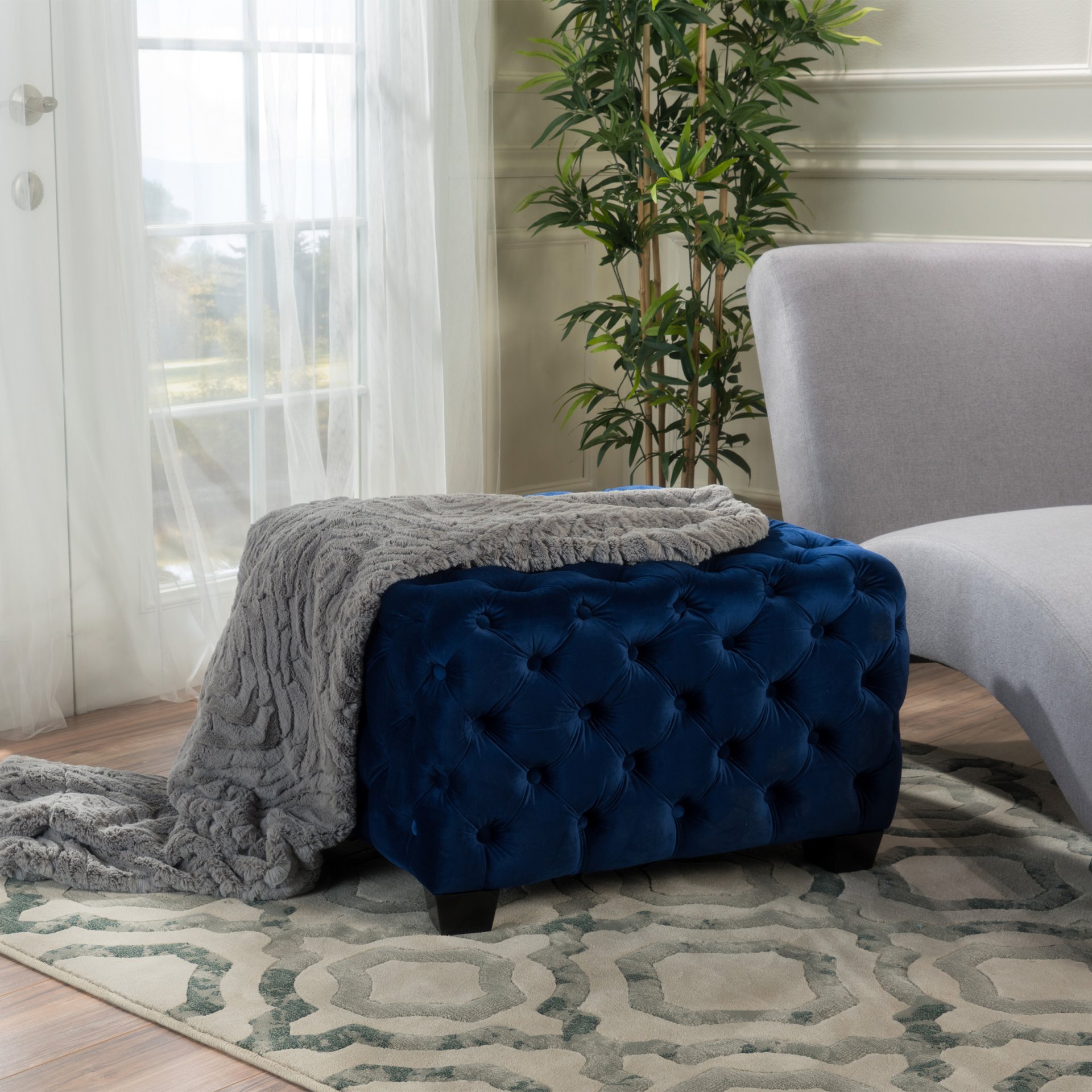 Modern Glam Ottoman With Velvet Upholstery And Button Tufted Design - Navy Blue - Image 2