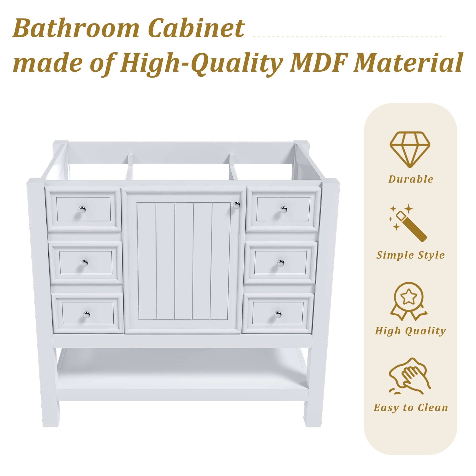 36" Bathroom Vanity With 1 Cabinet And 3 Drawers 1, Storage Solution - White - Image 6