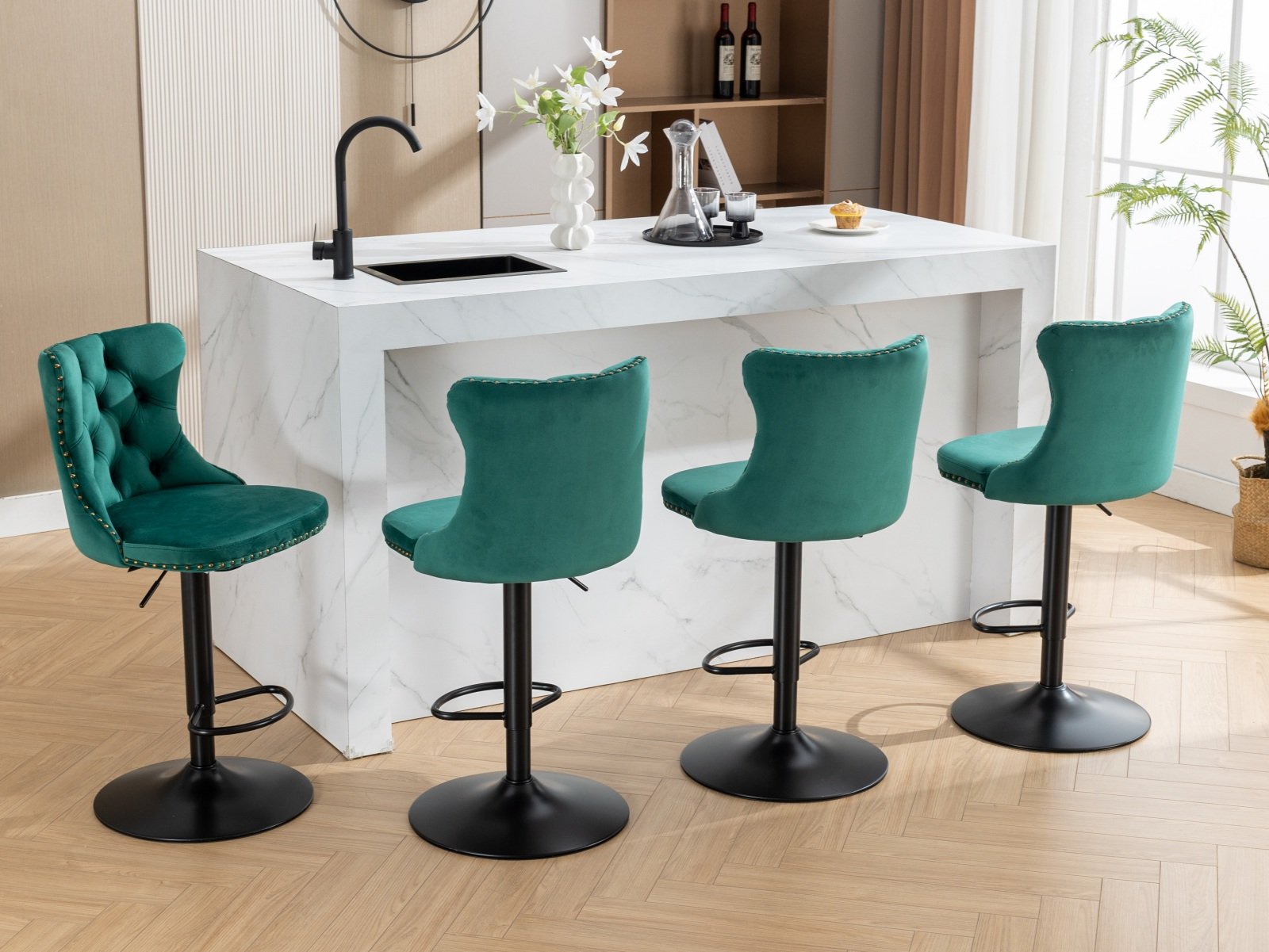 Swivel Velvet Barstools Adjusatble Seat Height, Modern Upholstered Bar Stools With Backs Comfortable Tufted For Home Pub And Kitchen Island (Set of 2) - Green - Image 20