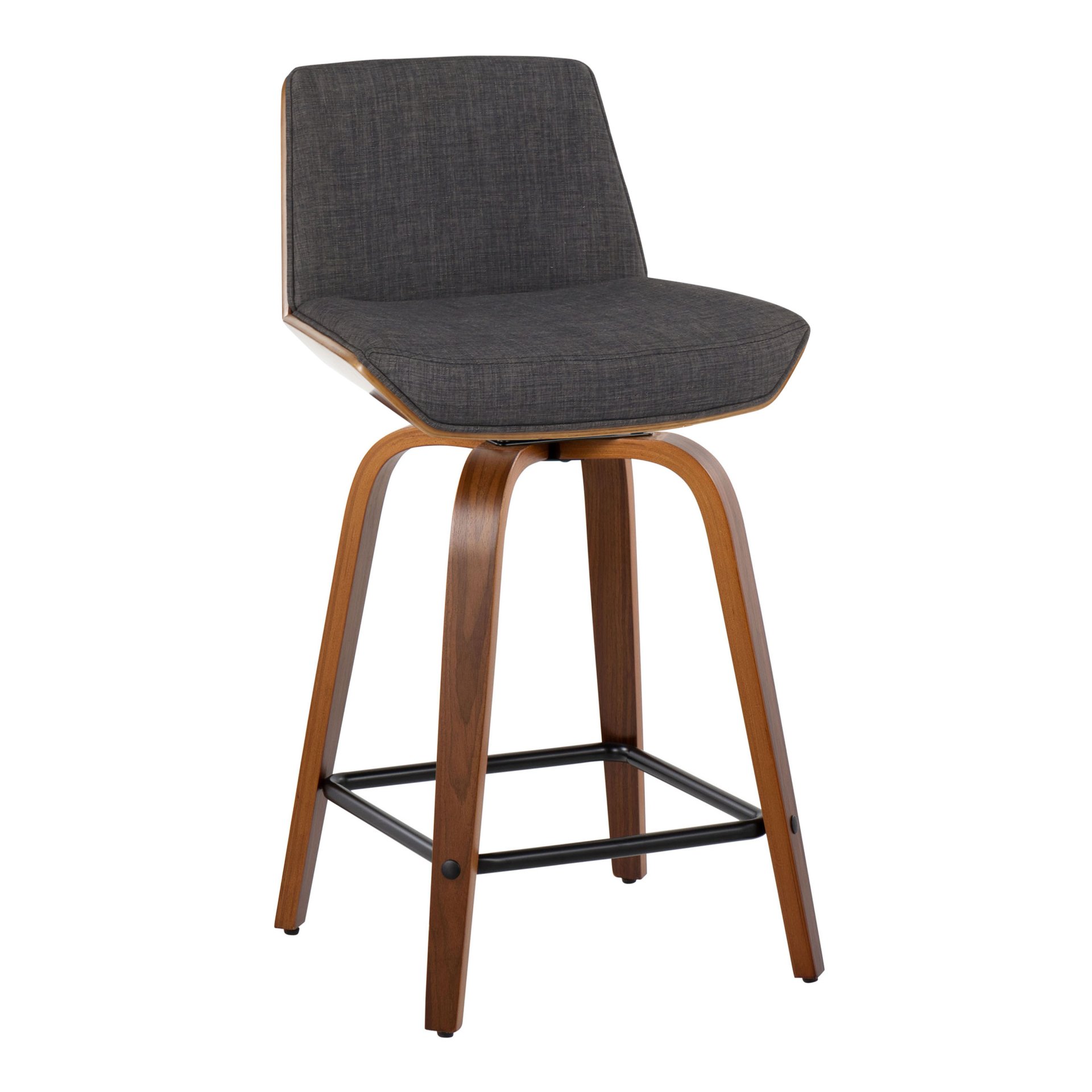 Corazza - Mid-Century Modern Fixed Height Counter Stool With Swivel And Square Footrest (Set of 2) - Walnut / Charcoal - Image 2