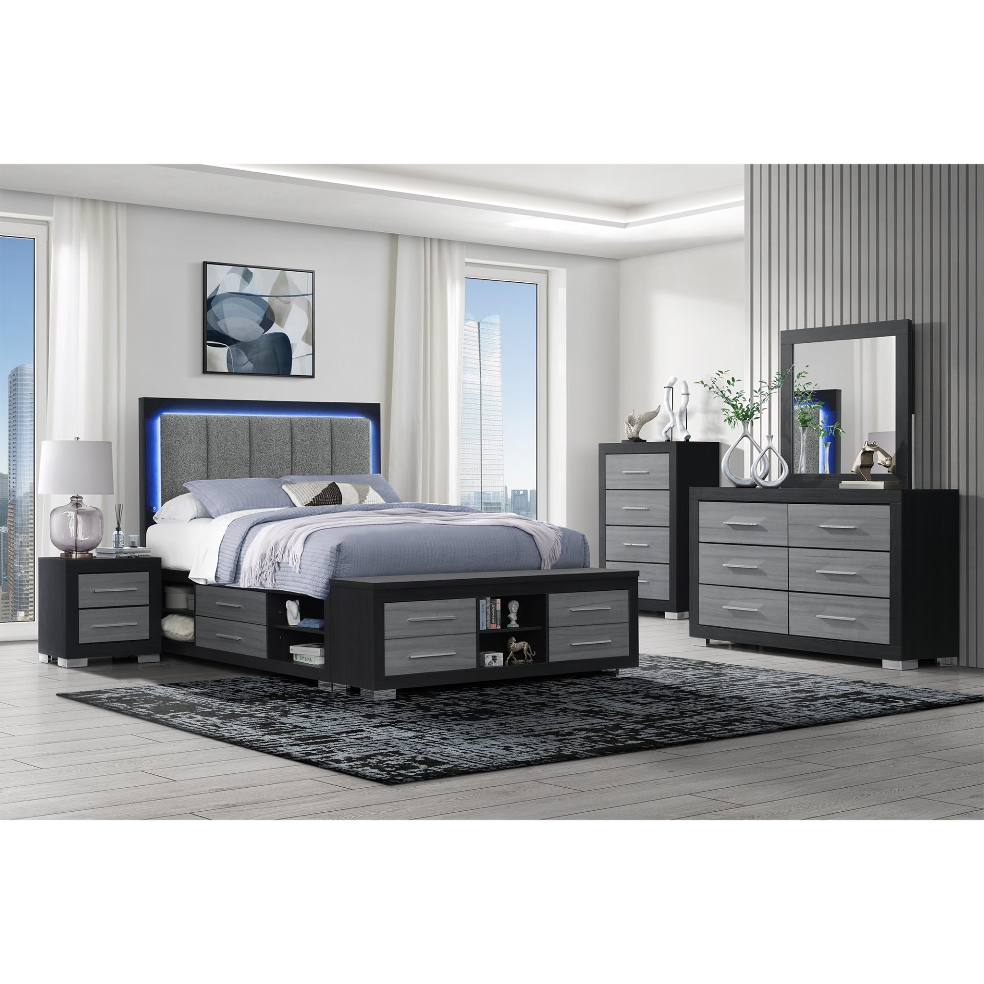 Emilia - 5 Piece Queen Bedroom Set With Storage And LED Lighting - Black / Gray - Image 3