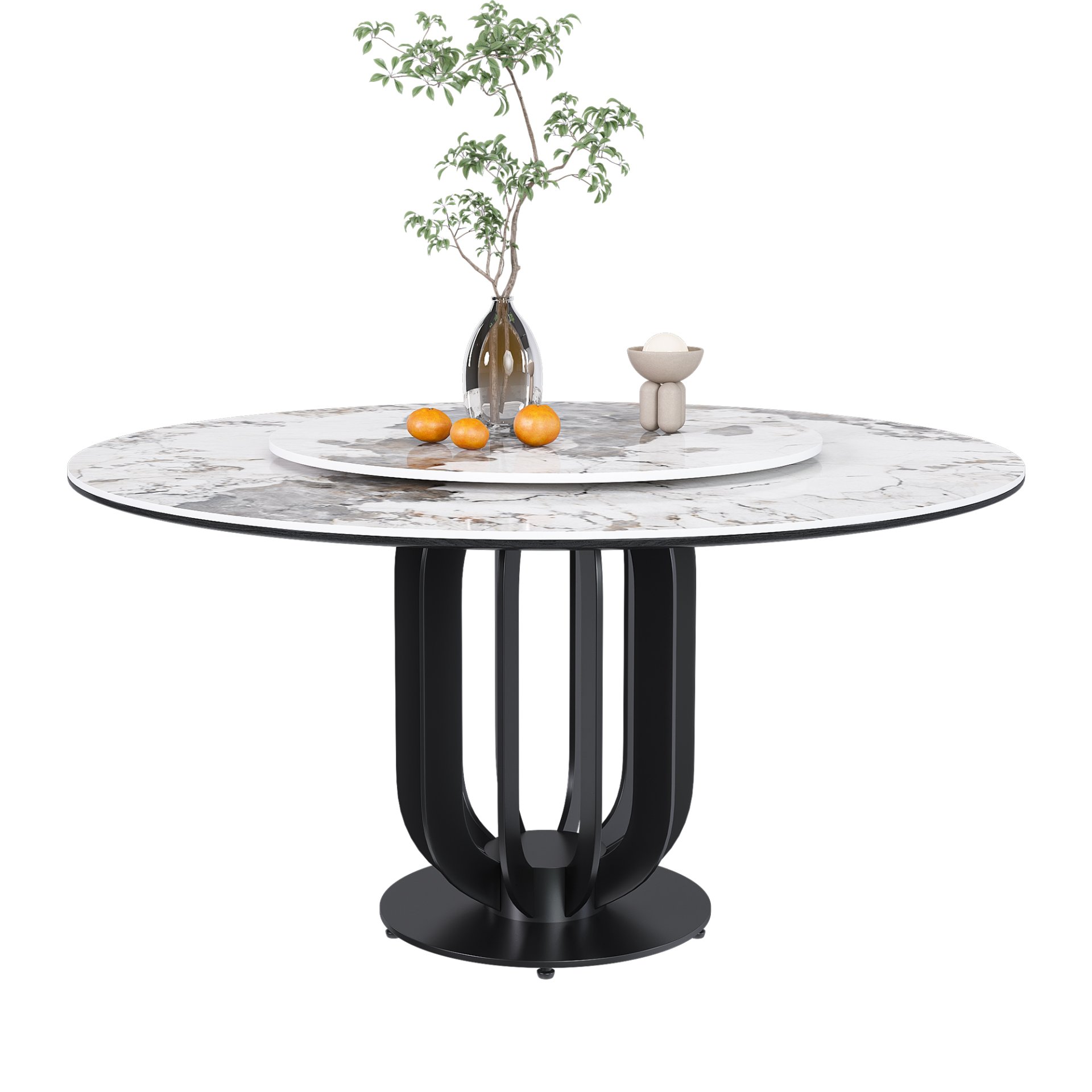 Round Dining Table With Carbon Steel Base And Lazy Susan Industrial Style - Black / White - Image 4