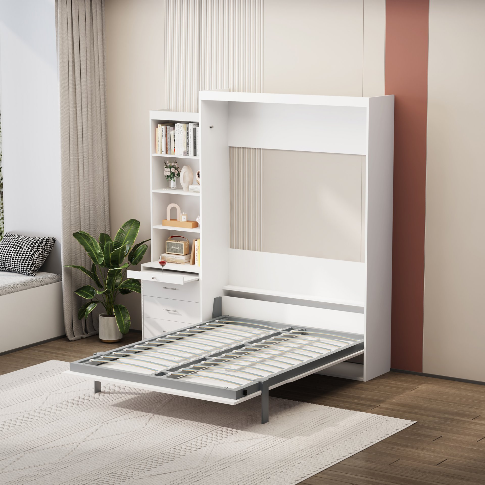 Morden Deisgn Full Size Vertical Murphy Bed With Shelf And Drawers For Bedroom Or Guestroom Wall Bed Space Saving Hidden Bed With New Style Gas Struts - White - Image 2