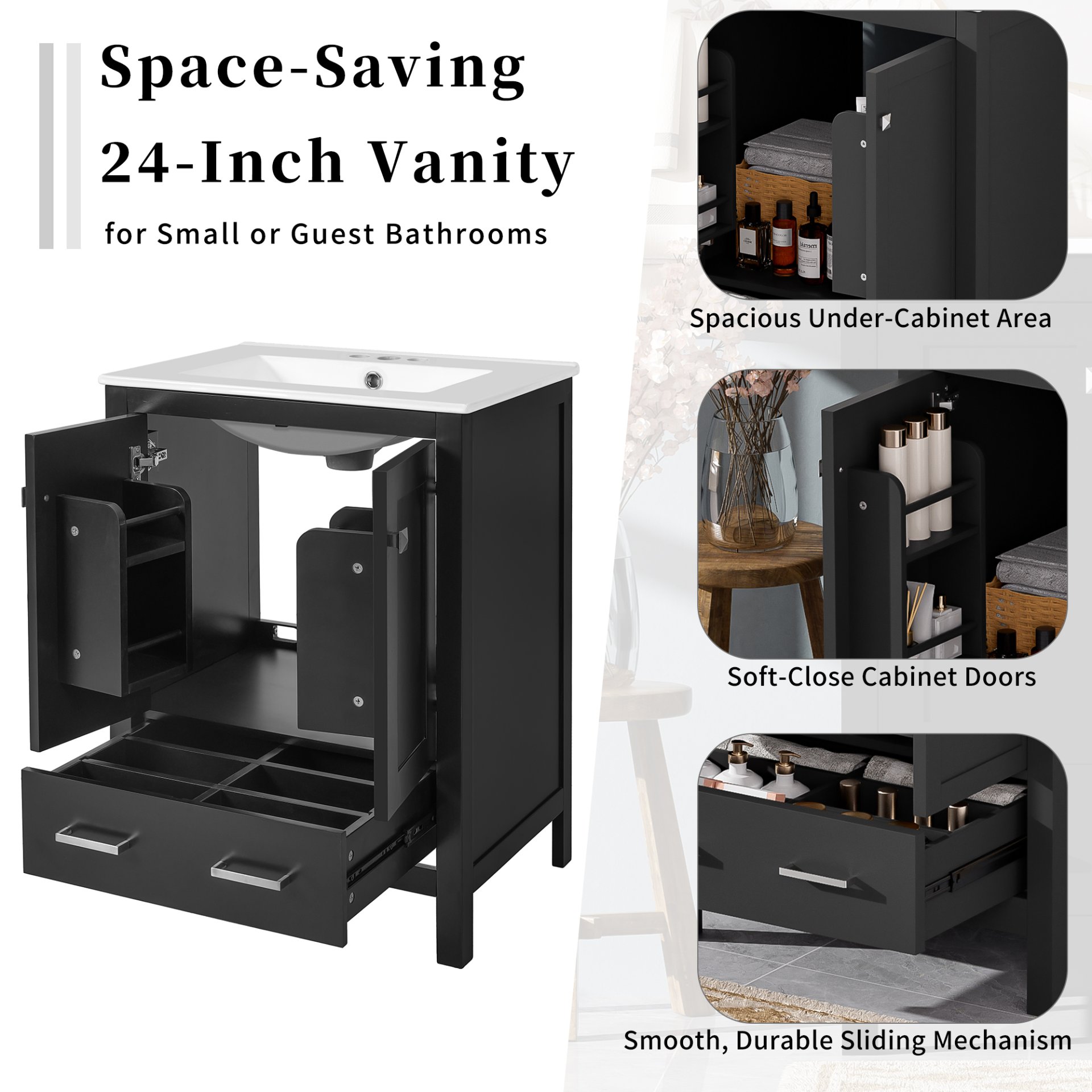 24" Bathroom Vanity With Integrated Undermount Sink, 2 Doors And 1 Drawer, Soft Close Hinges - Black - Image 7