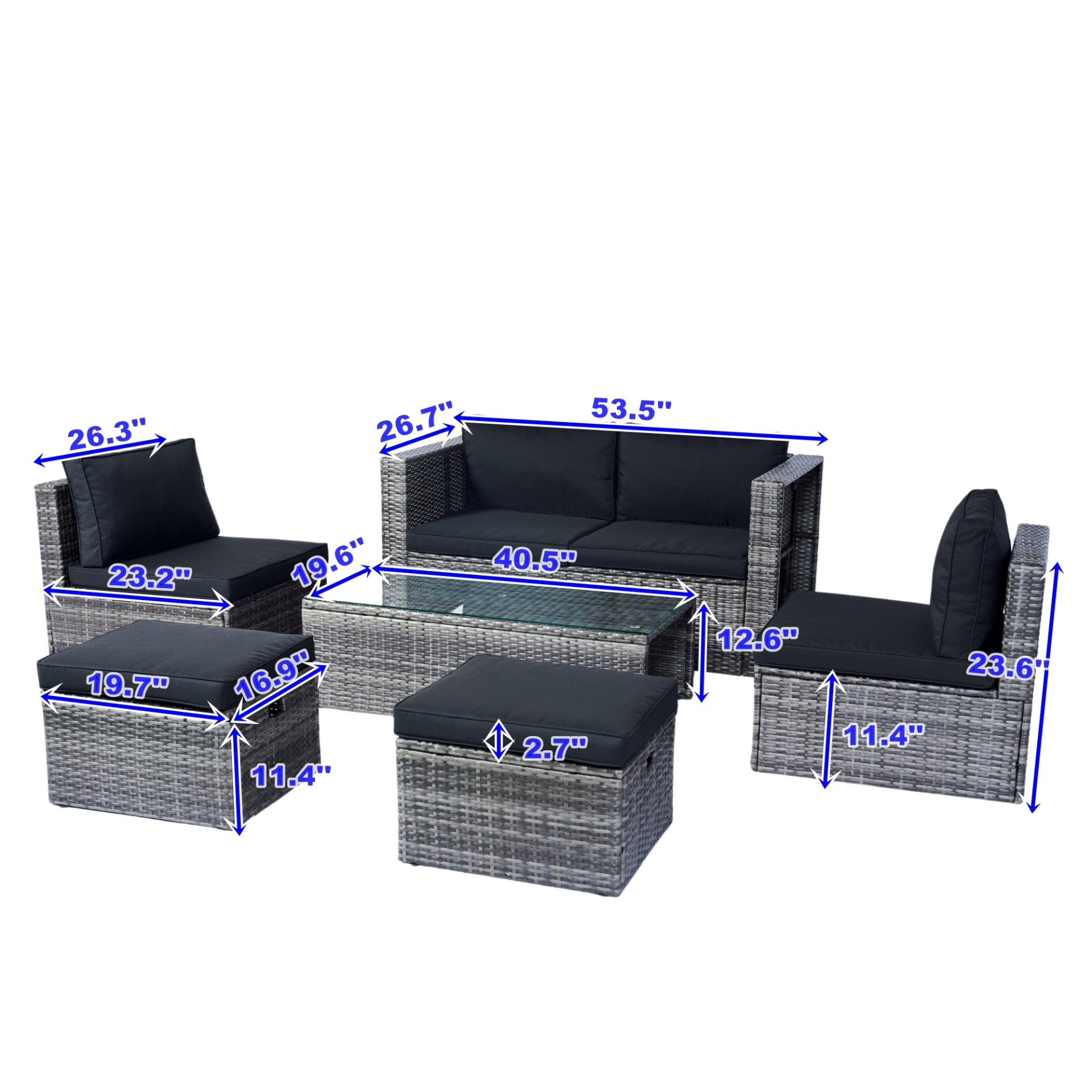 6 Piece Patio Wicker Sectional Set Patio Backyard Conversation Set Space Saving - Gray / Black - Image 3