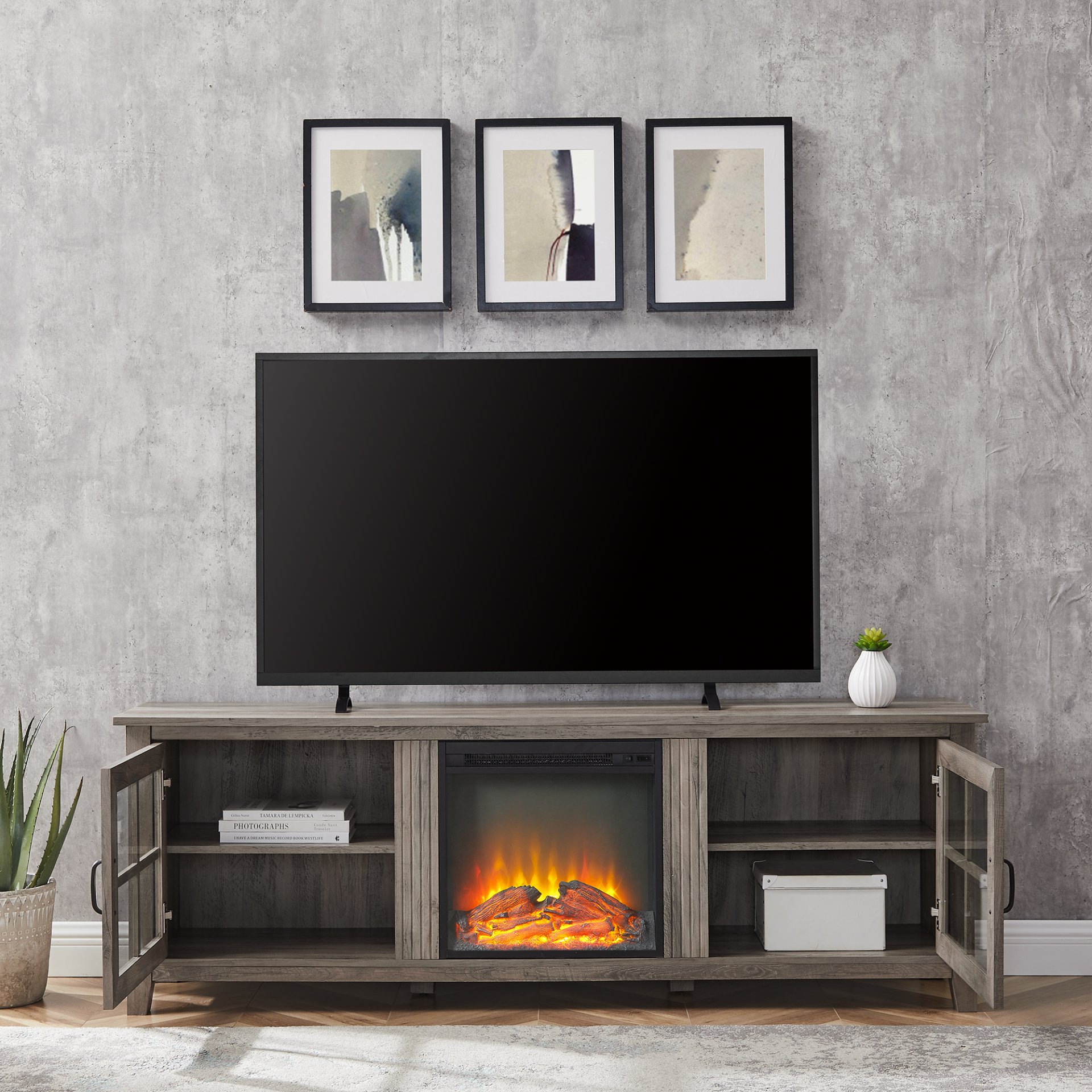 Modern Farmhouse 2 Door Glass Windowpane 70" Fireplace TV Stand For 80" TVs - Gray Wash - Image 5