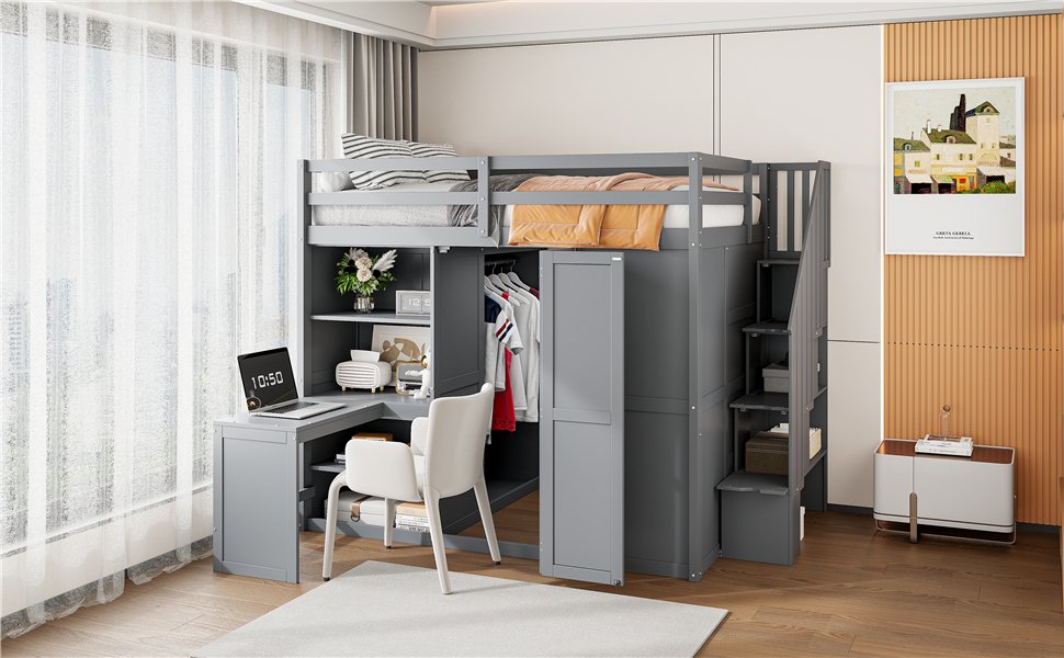 Full Size Loft Bed With Wardrobe, Desk And Shelves - Gray - Image 17