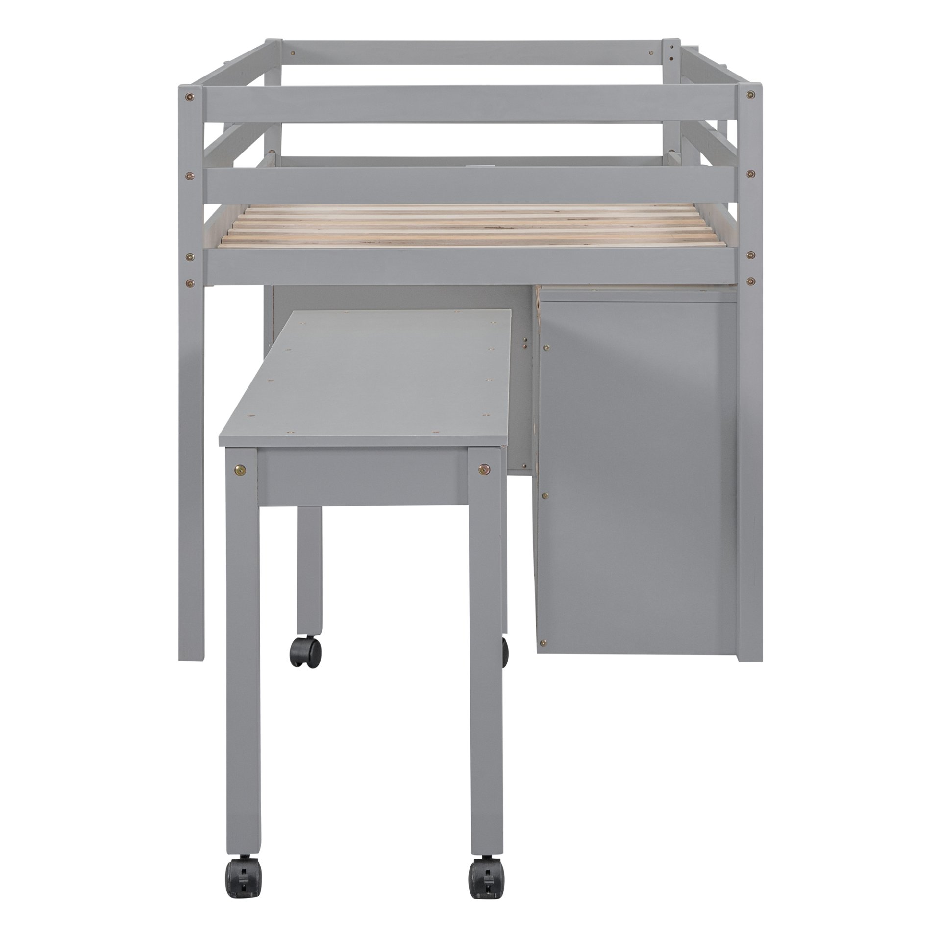 Twin Size Loft Bed With Retractable Writing Desk And 4 Drawers, With Lateral Portable Desk And Shelves - Gray - Image 12