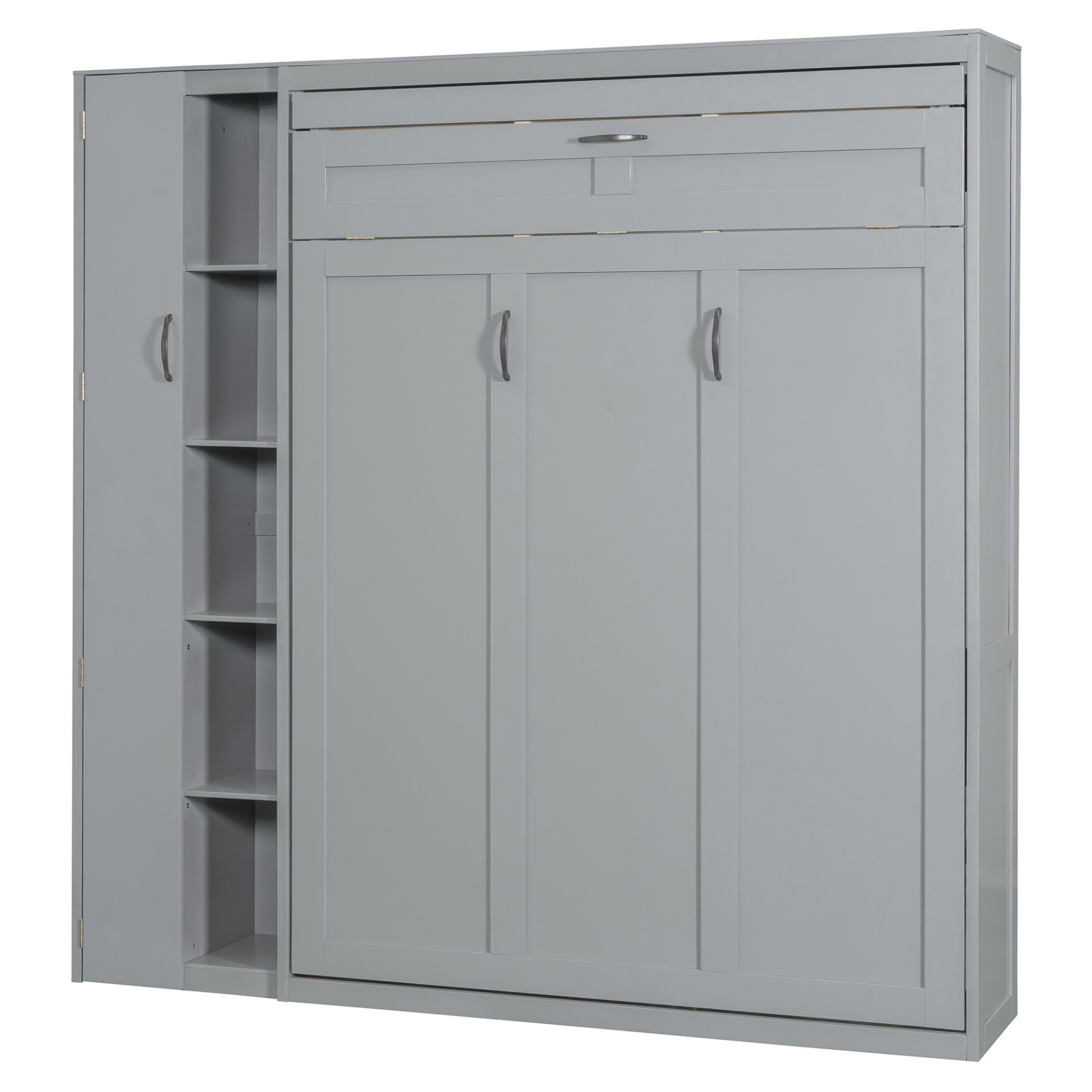 Full Size Murphy Wall Bed With Shelves, Wardrobe And LED Lights - Gray - Image 6