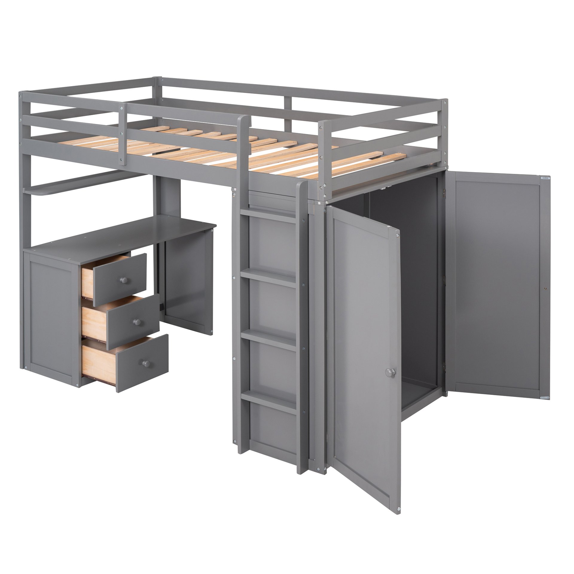 Twin Size Loft Bed With Drawers, Desk, And Wardrobe - Gray - Image 6
