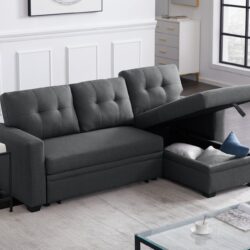 Upholstered Pull Out Sectional Sofa & Chaise - Dark Gray