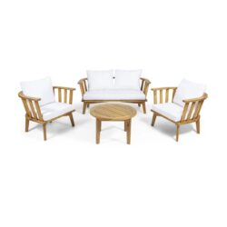 4 Pieces Acacia Wood Patio Furniture Set, Outdoor Furniture With Coffee Table, Patio Conversation Set Deep Seating With Soft Cushion, Porch Chairs For Backyard Porch Balcony - Teak / White