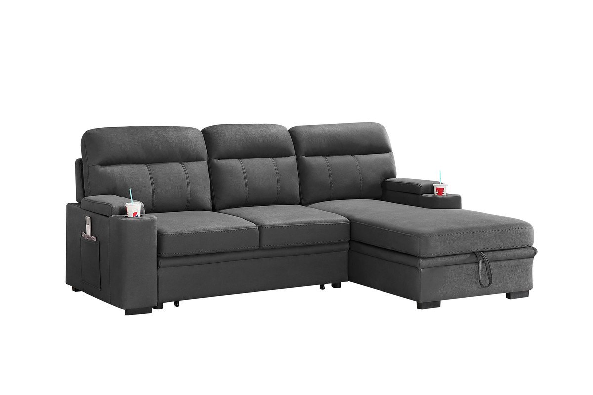 Kaden - Sleeper Sectional Sofa Chaise With Storage Arms And Cupholder - Gray - Image 8