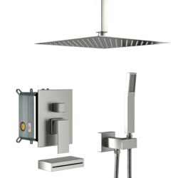 12" Ceiling Mount Square Shower System With Waterfall Tub Spout And Handheld Shower - Brushed Nickel