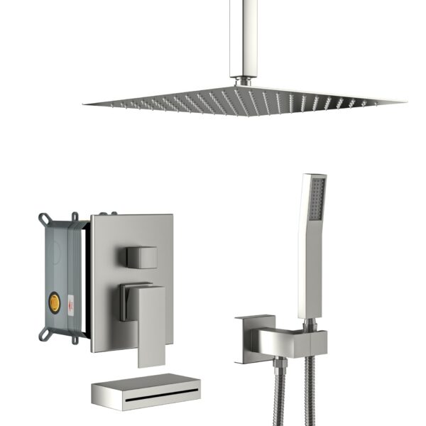 12" Ceiling Mount Square Shower System With Waterfall Tub Spout And Handheld Shower - Brushed Nickel