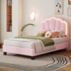 Twin Size Upholstered Flower-Shape Bed, Elegant Flowers Headboard With LED Light Strip, Sherpa Fabric Platform Bed With Slats Support - Pink - Image 16