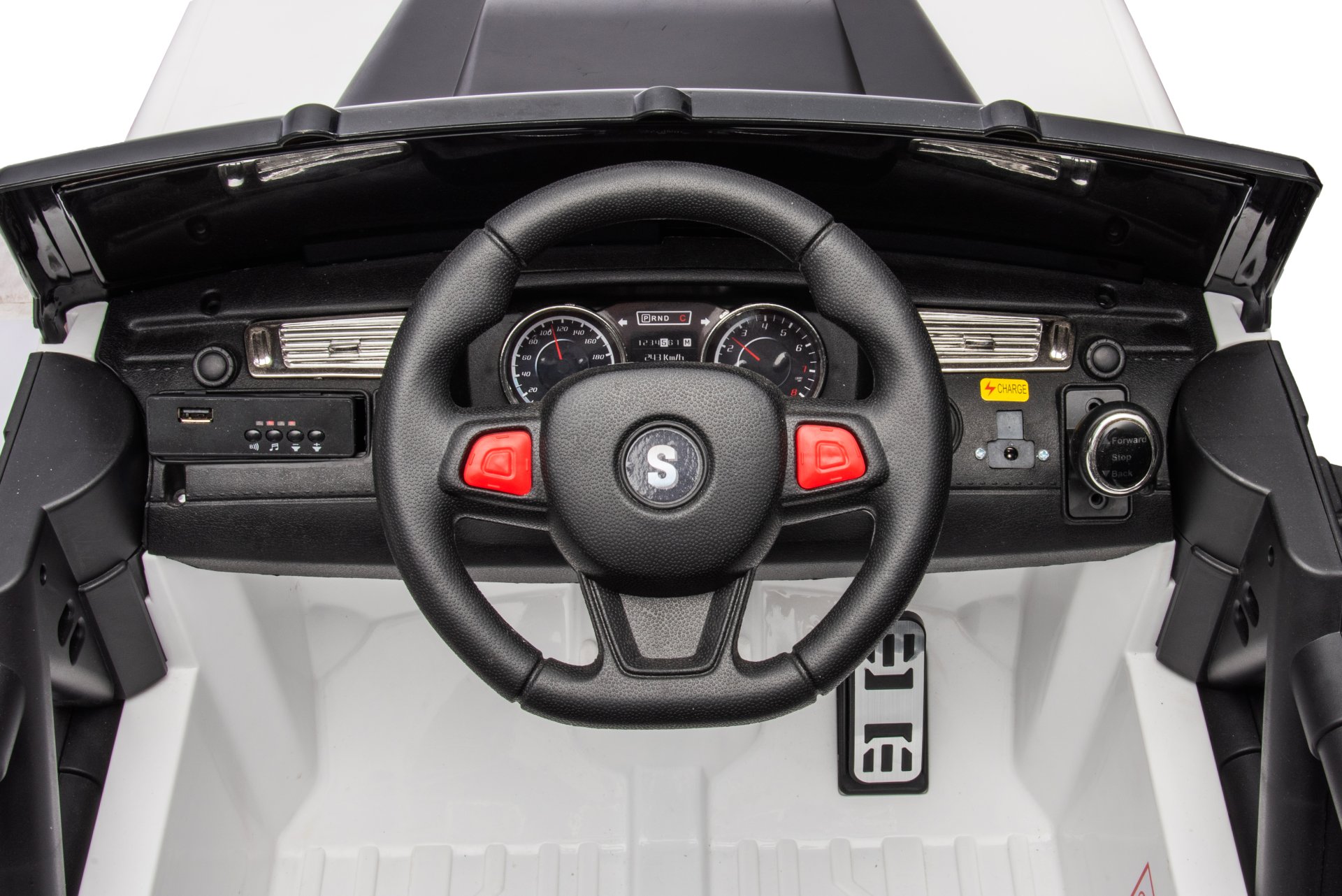 12V7A 30W*2 Four-Wheel Drive Leather Seat One Button Start, Forward And Backward, High And Low Speed, Music, Front Light, Power Display, Two Doors Can Open, 2.4G R / C, Seat Belt Four Wheel Absorber - White / Black - Image 16