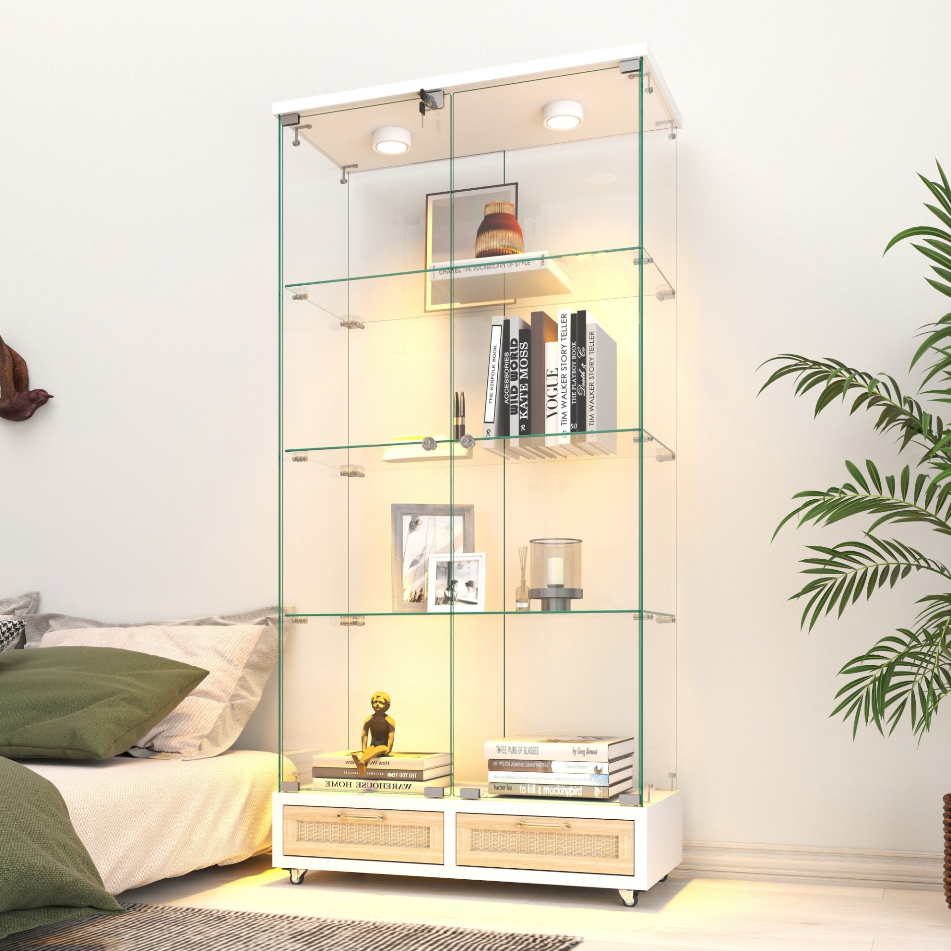 Glass Display Cabinet With LED Lights, Tempered Glass Doors, Large Drawers, 2 Door Storage Case With 4 Shelves - Natural / White - Image 2